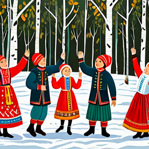 Home 4 **
"A whimsical scene depicting several Tinypins dressed in traditional Russian folk costumes (e.g., kokoshniks, embroidered shirts), dancing around a birch tree in a snowy forest clearing. In the style of a charming children's book illustration. Bright, cheerful colors. Safe for work, appropriate content, fully clothed, family-friendly, professional, perfect anatomy, correct proportions, natural pose, well-formed hands, proper finger count, natural body proportions."
**